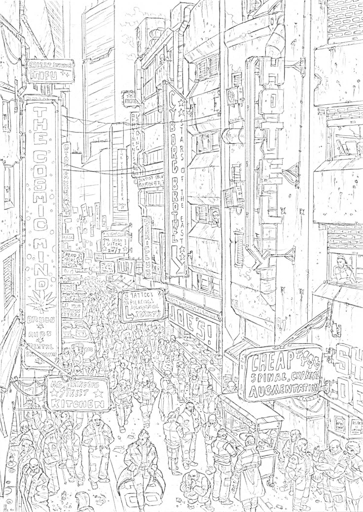 Раскраска Густонаселенная улица в киберпанк-городе с неоновыми вывесками и высокими зданиями, над толпой людей, которые заполнили улицу.