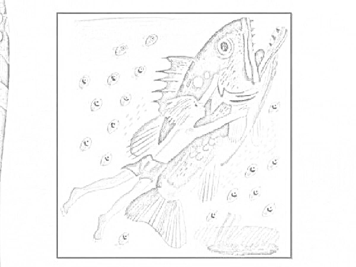 Раскраска Мальчик, плывущий с большой рыбой среди маленьких рыбок