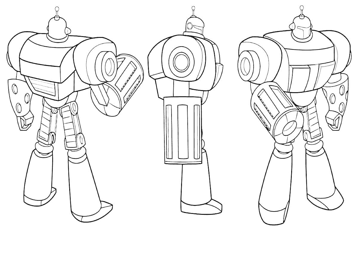 Раскраска Три робота спасателя. Вид со спины и сбоку.