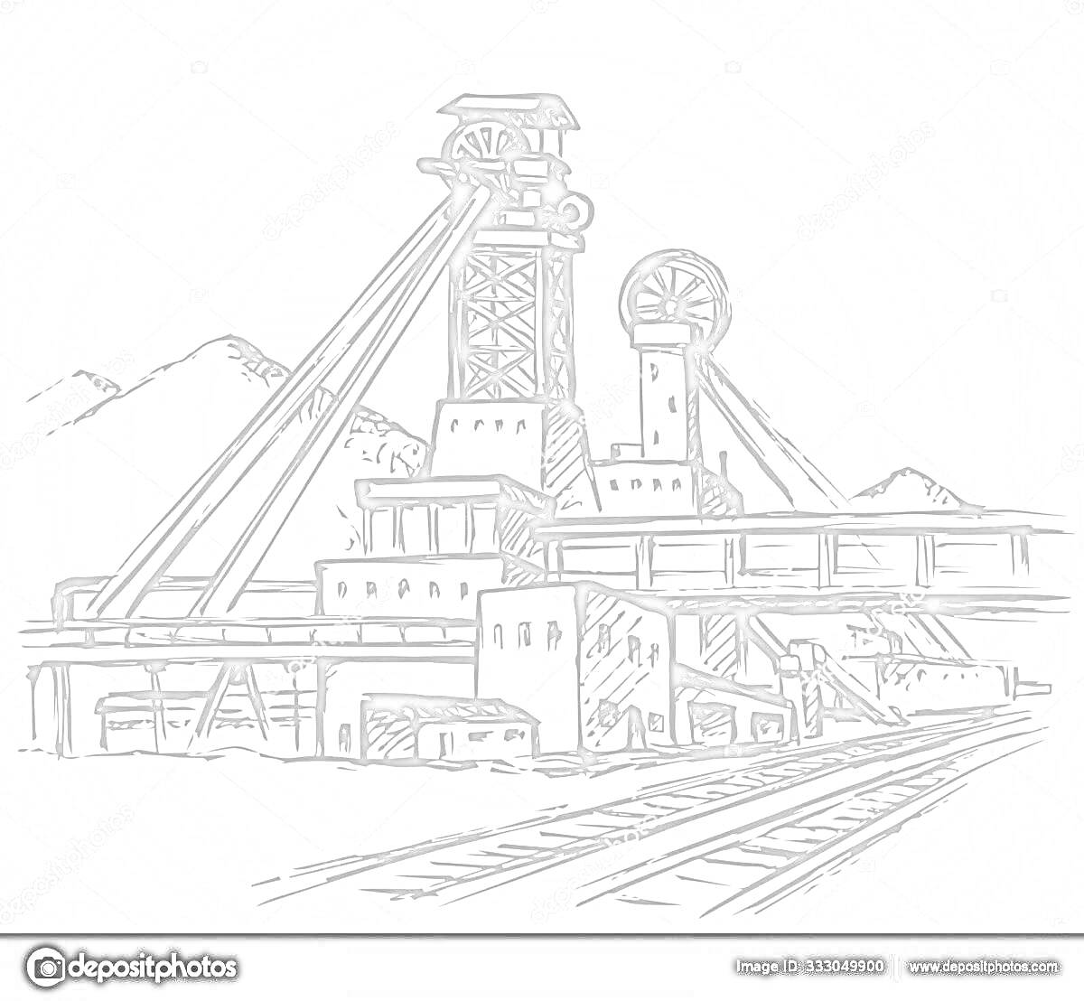 Раскраска Шахта с шахтной башней, зданиями и железнодорожными путями на фоне гор