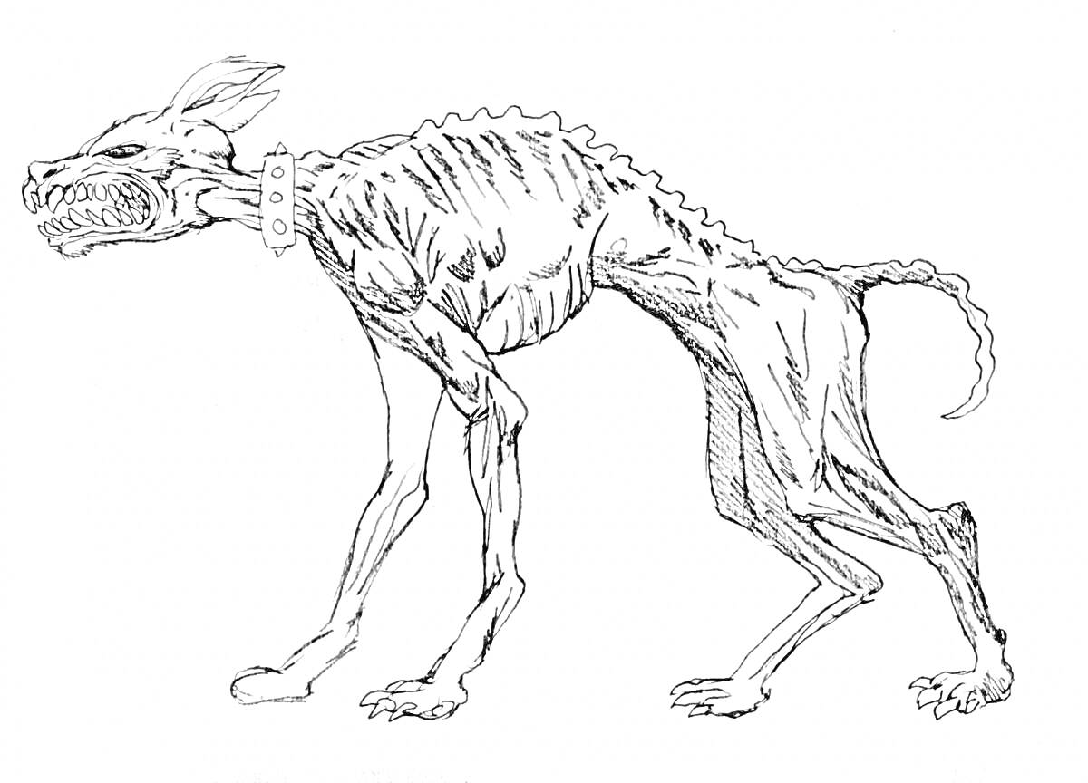 Раскраска Мутантское существо с выраженным оскалом, шипастым воротником и костлявым телом