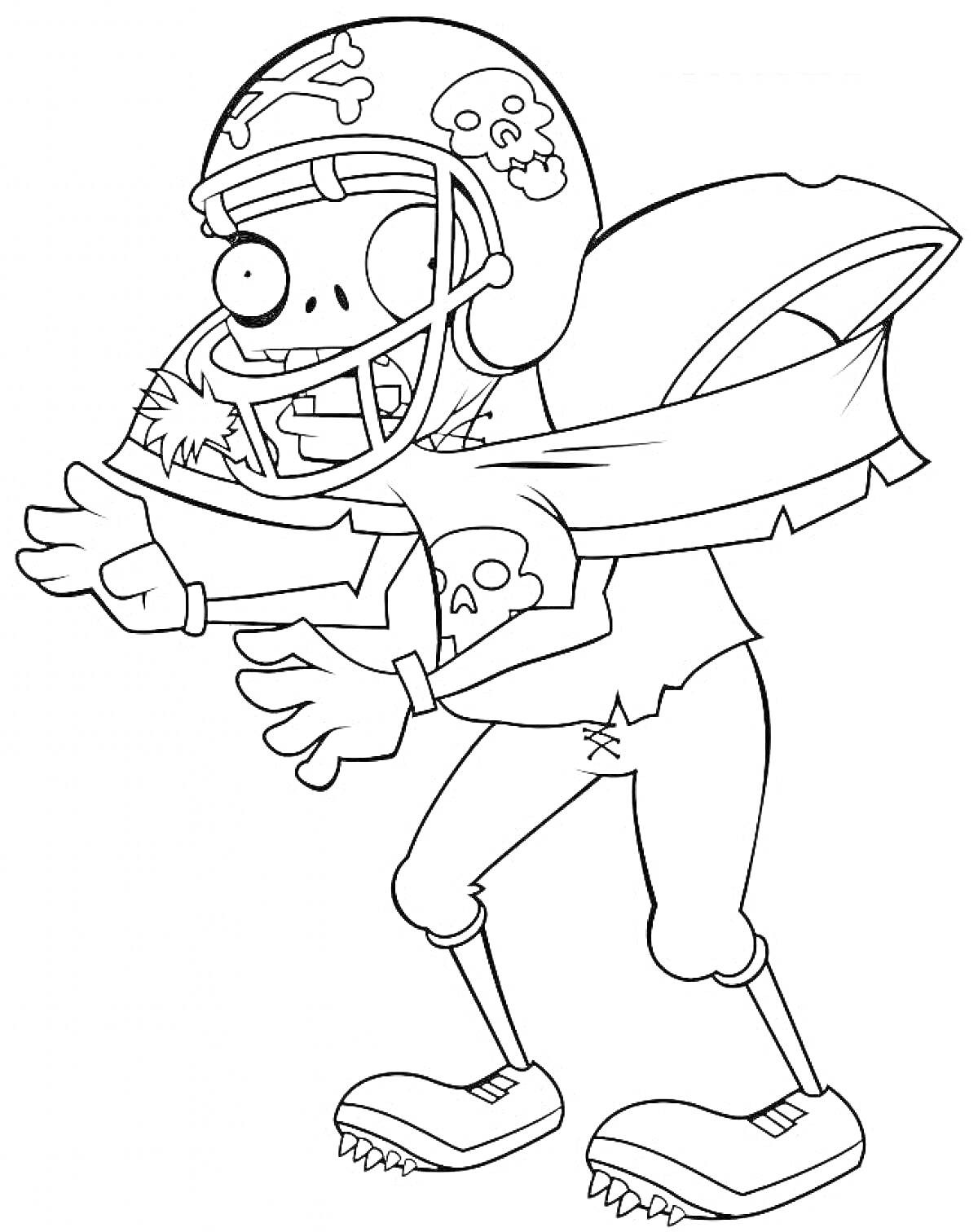 Раскраска Зомби в шлеме с черепами и в плаще