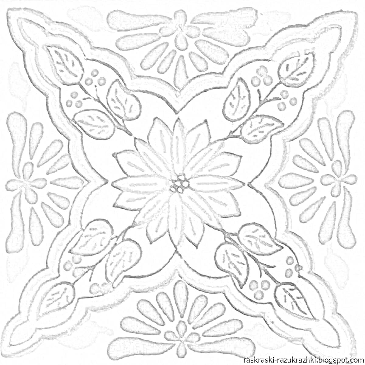 На раскраске изображено: Керамическая плитка, Орнамент, Листья, Лепестки, Цветы