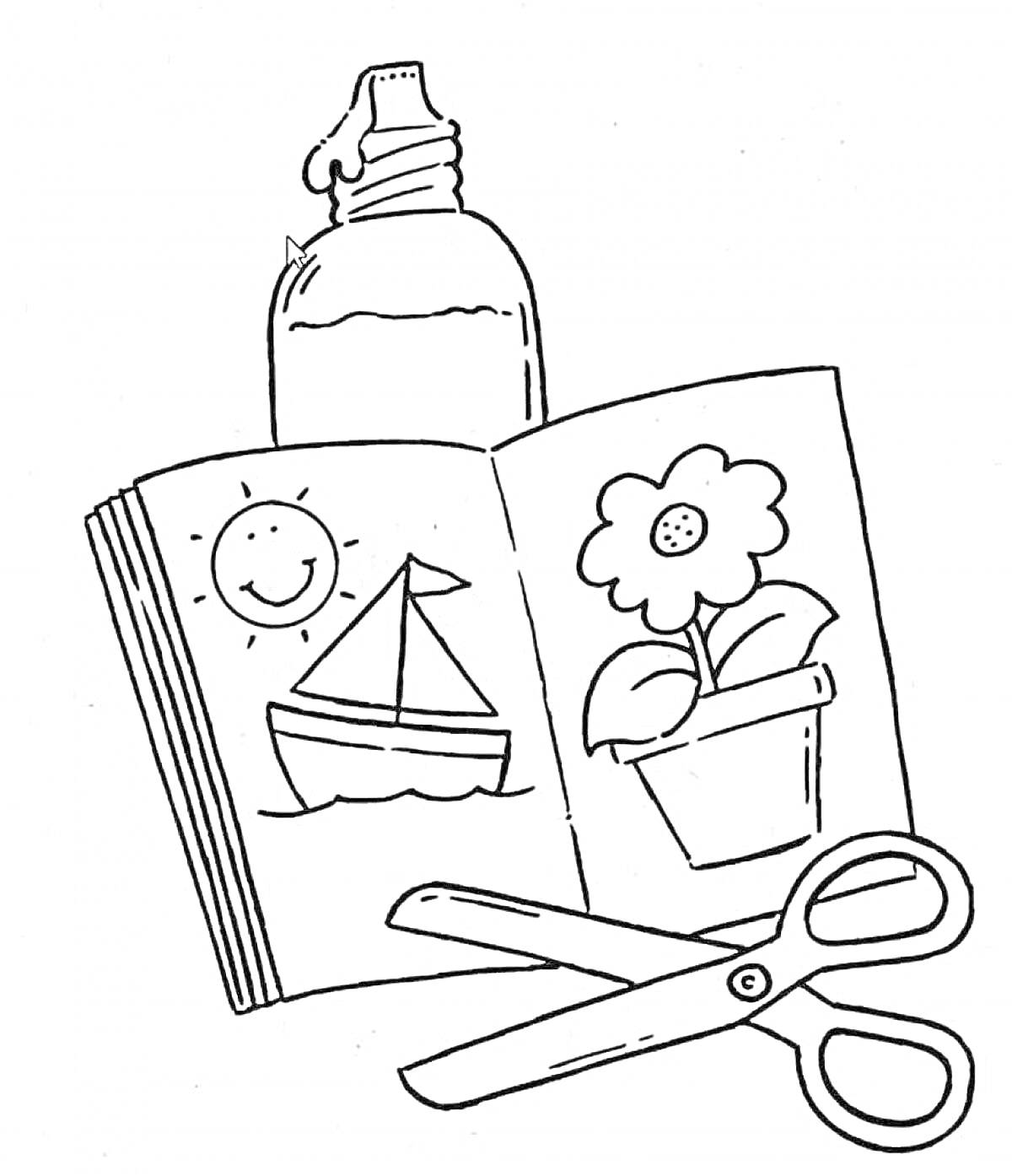 На раскраске изображено: Книга, Ножницы, Бутылка, Яхта, Солнце, Цветы