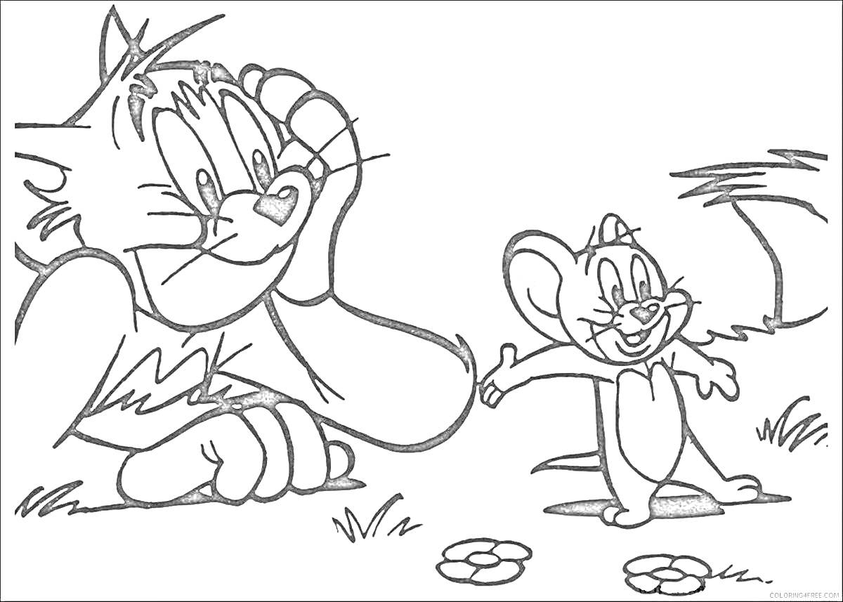 Раскраска Том и Джерри на фоне травы и цветков