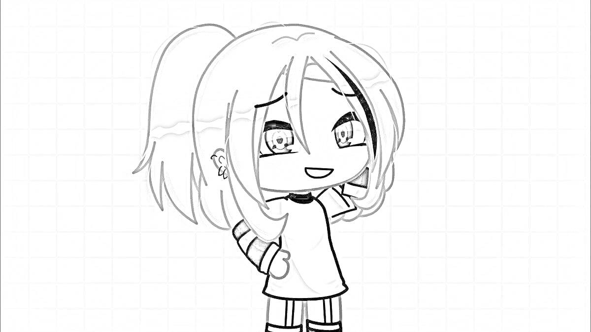 Аниме персонаж из Gacha Life с короткими светлыми волосами, белой футболкой, черной рукавичной повязкой, и юбкой