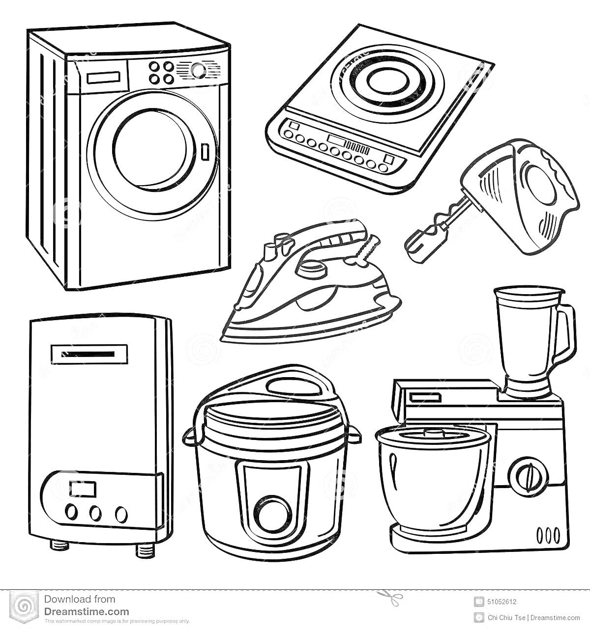Раскраска стиральная машина, плита, утюг, чайник, посудомоечная машина, мультиварка, кухонный комбайн