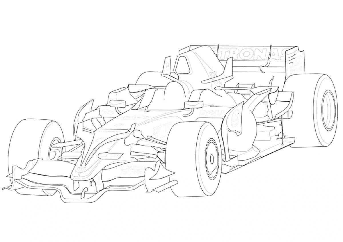 На раскраске изображено: Формула 1, Гоночный автомобиль, Аэродинамика, Большие шины, Автоспорт, Скорость, Трасса, Болид