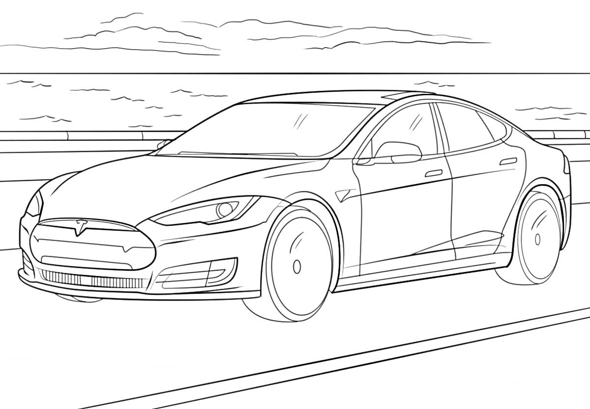На раскраске изображено: Tesla, Электромобиль, Горизонт, Природа, Седан, Дороги, Авто