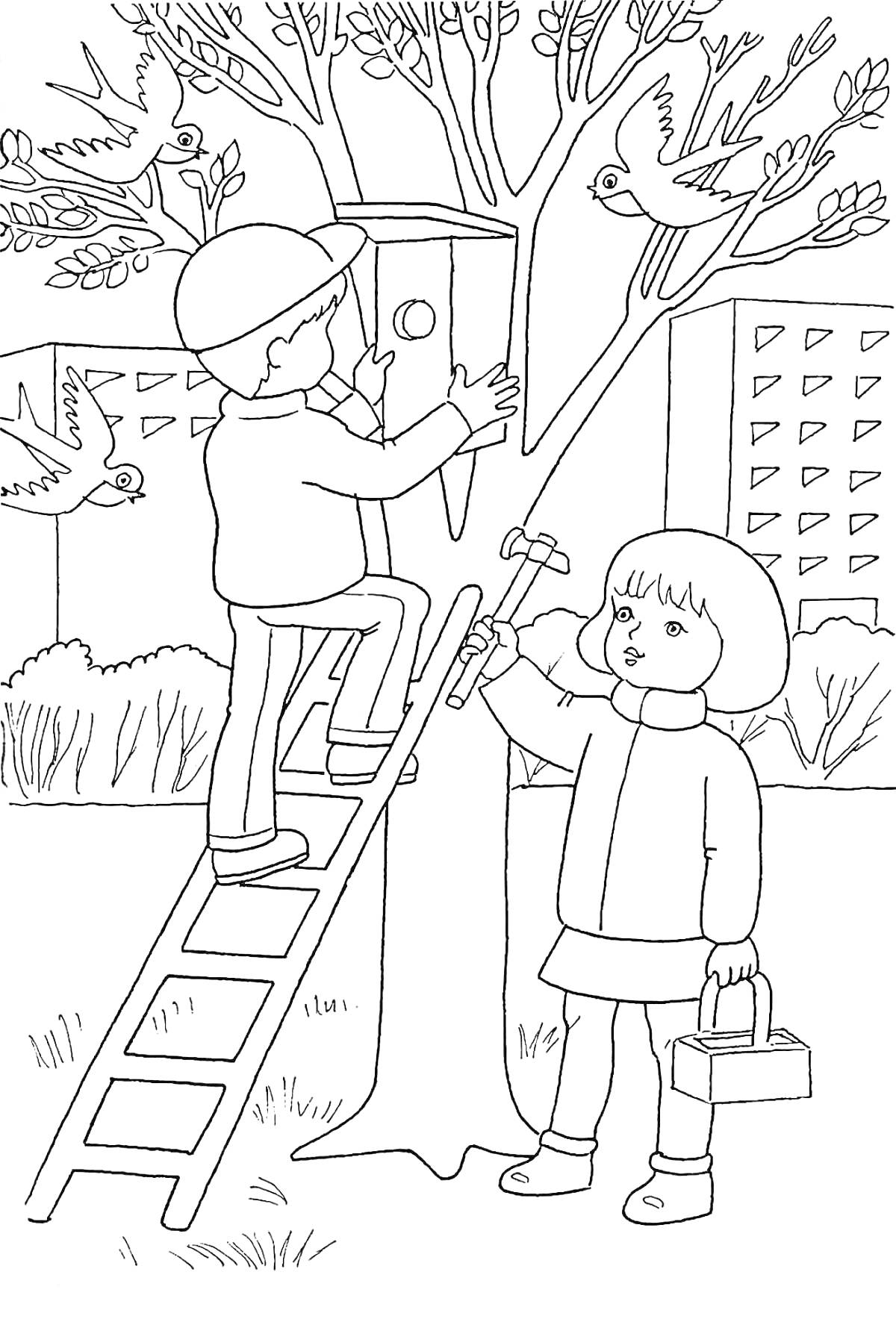Раскраска Дети устанавливают скворечник на дереве, рядом здания и птицы