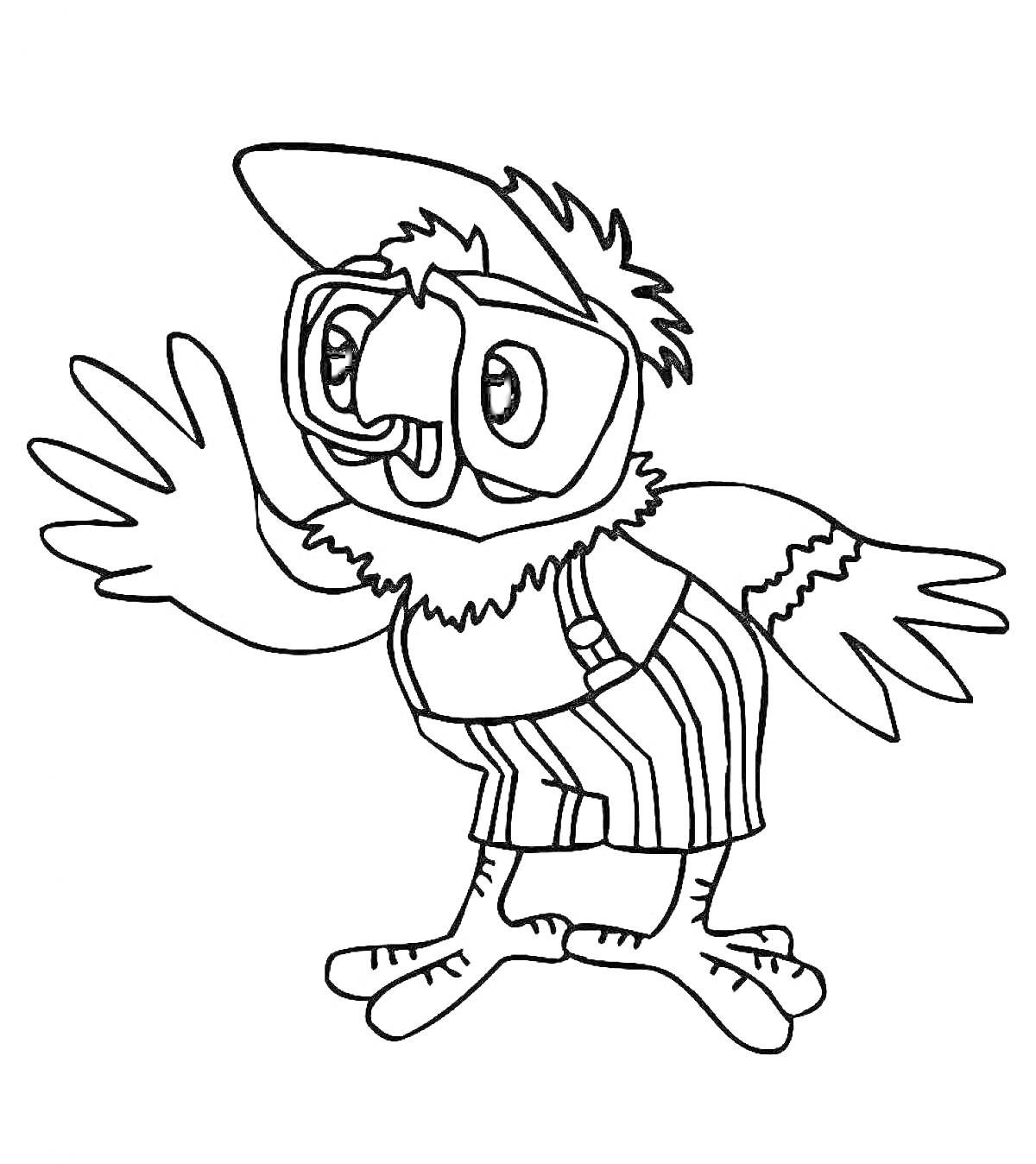 Раскраска Умная сова с очками и в полосатых шортах