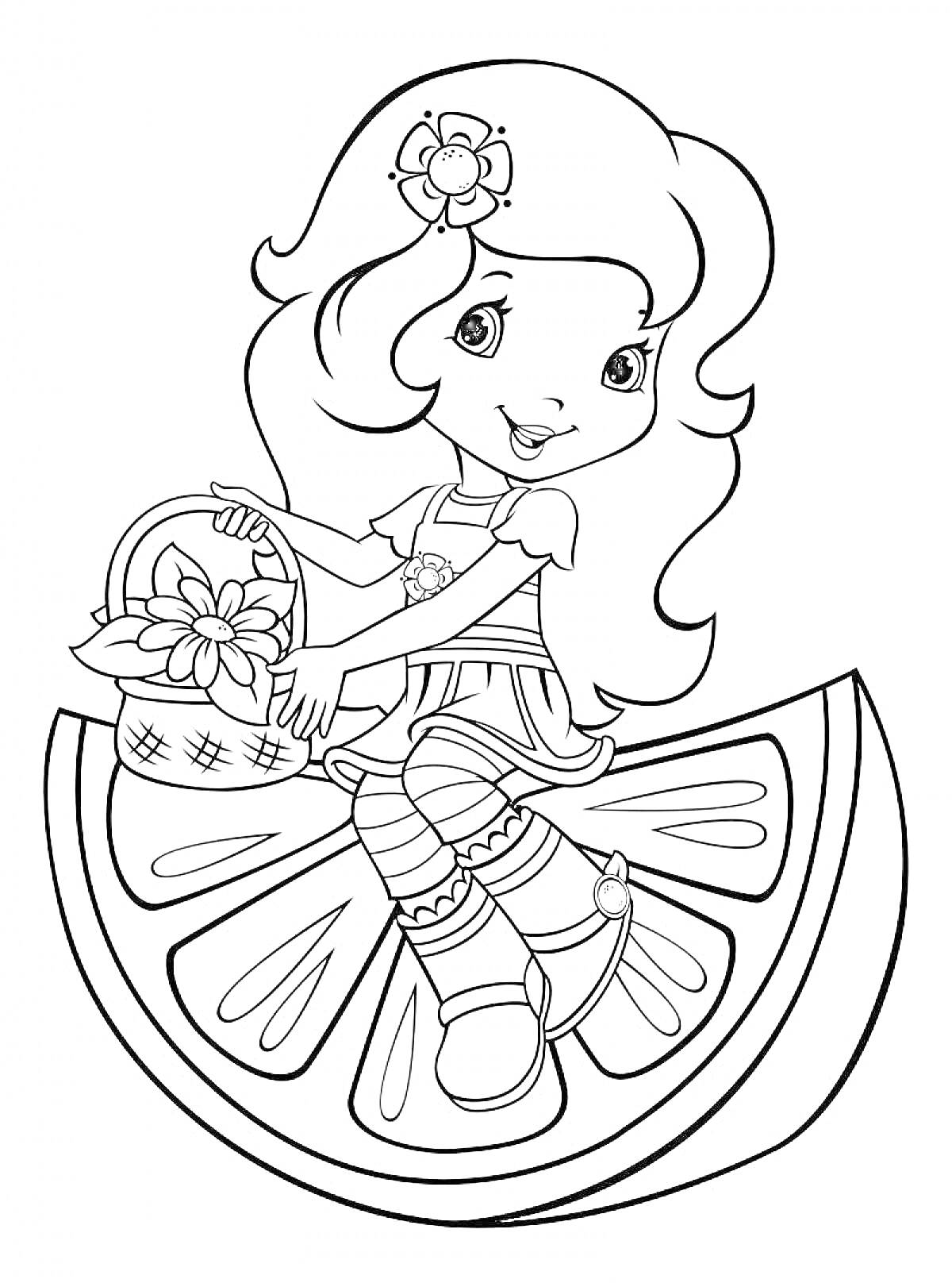Раскраска Девочка с длинными волосами и цветком в волосах, сидящая на дольке фрукта, с корзиной цветов