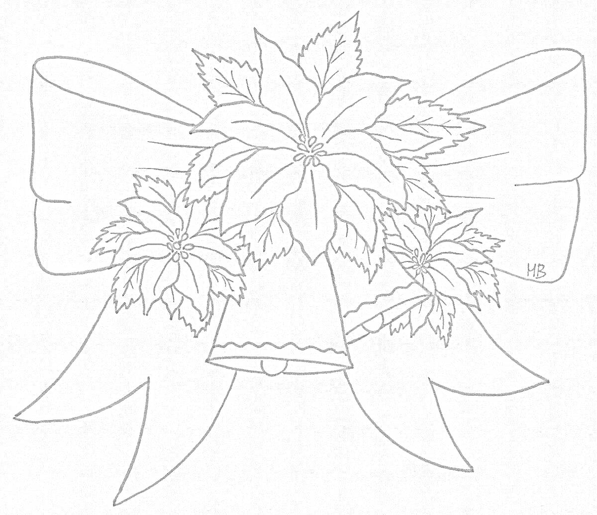 Раскраска Праздничная композиция с пуансеттией и колокольчиком на банте