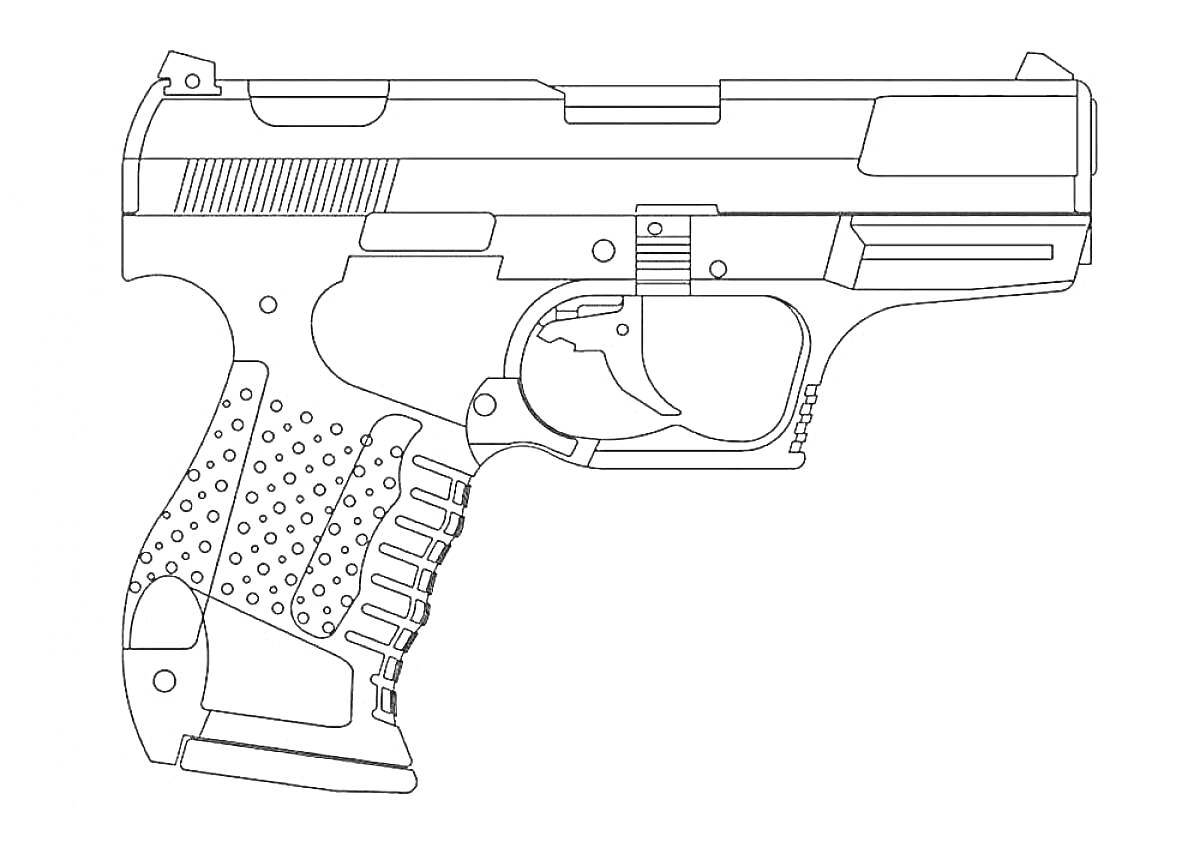 На раскраске изображено: Пистолет, Оружие, Рукоятка, Курок, Стрельба