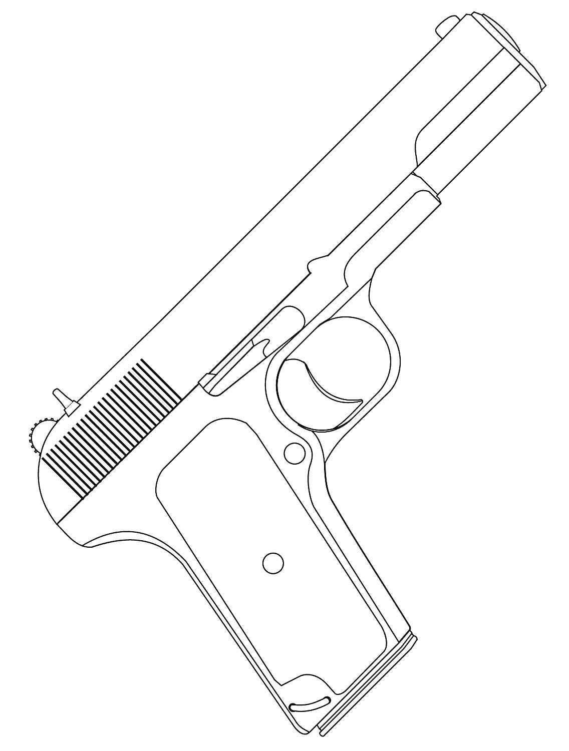На раскраске изображено: Пистолет, Оружие, Затвор, Спусковой крючок, Рукоятка, Стрельба, Контурные рисунки