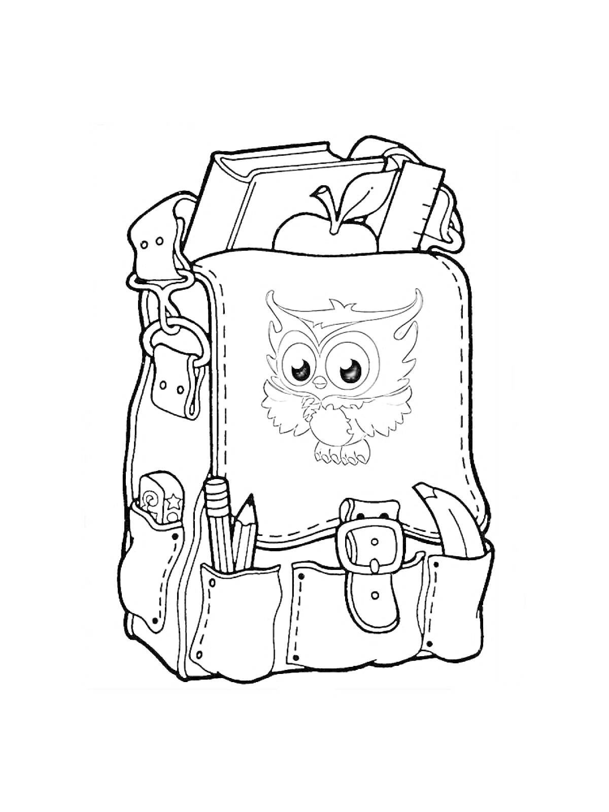 Раскраска Портфель с пайеткой, учебниками, яблоком, карандашами, линейкой и фломастером