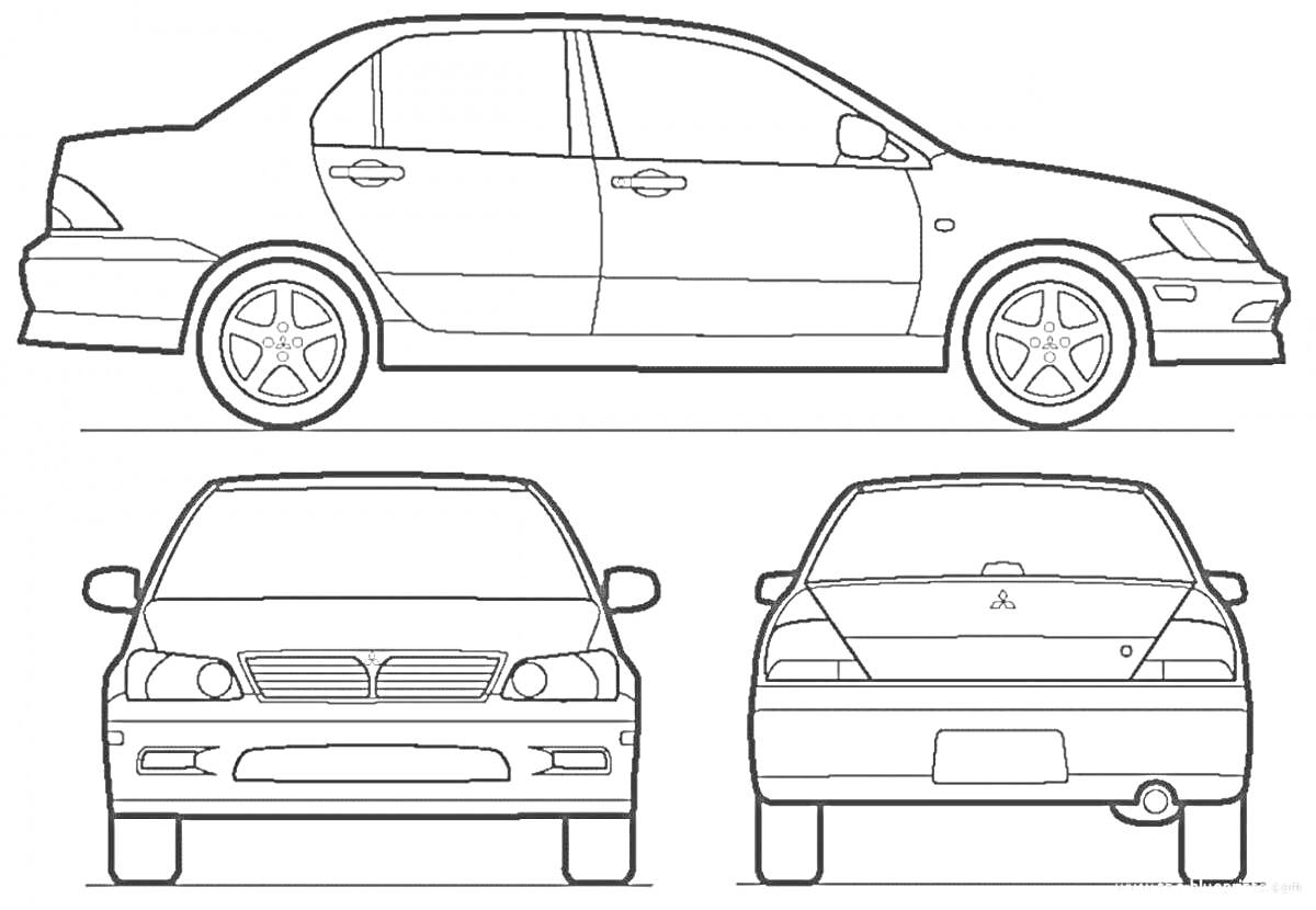 Раскраска Mitsubishi Lancer — боковая, передняя и задняя проекции