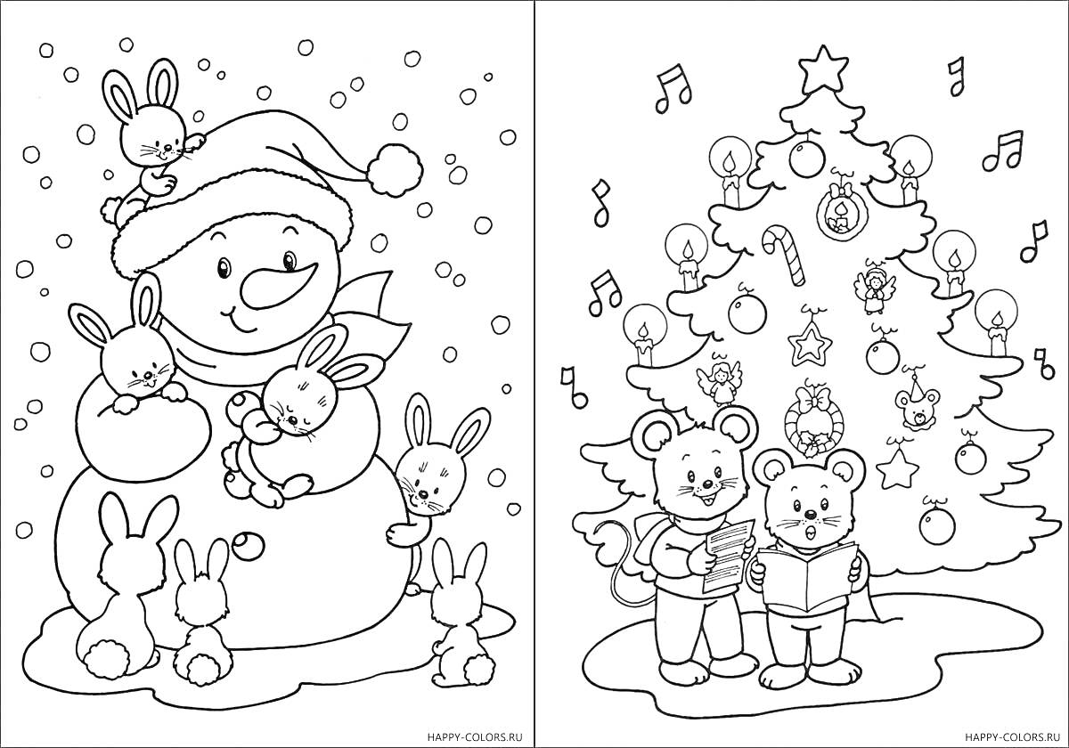 Раскраска Снеговик с зайчиками и новогодняя ёлка с поющими медвежатами