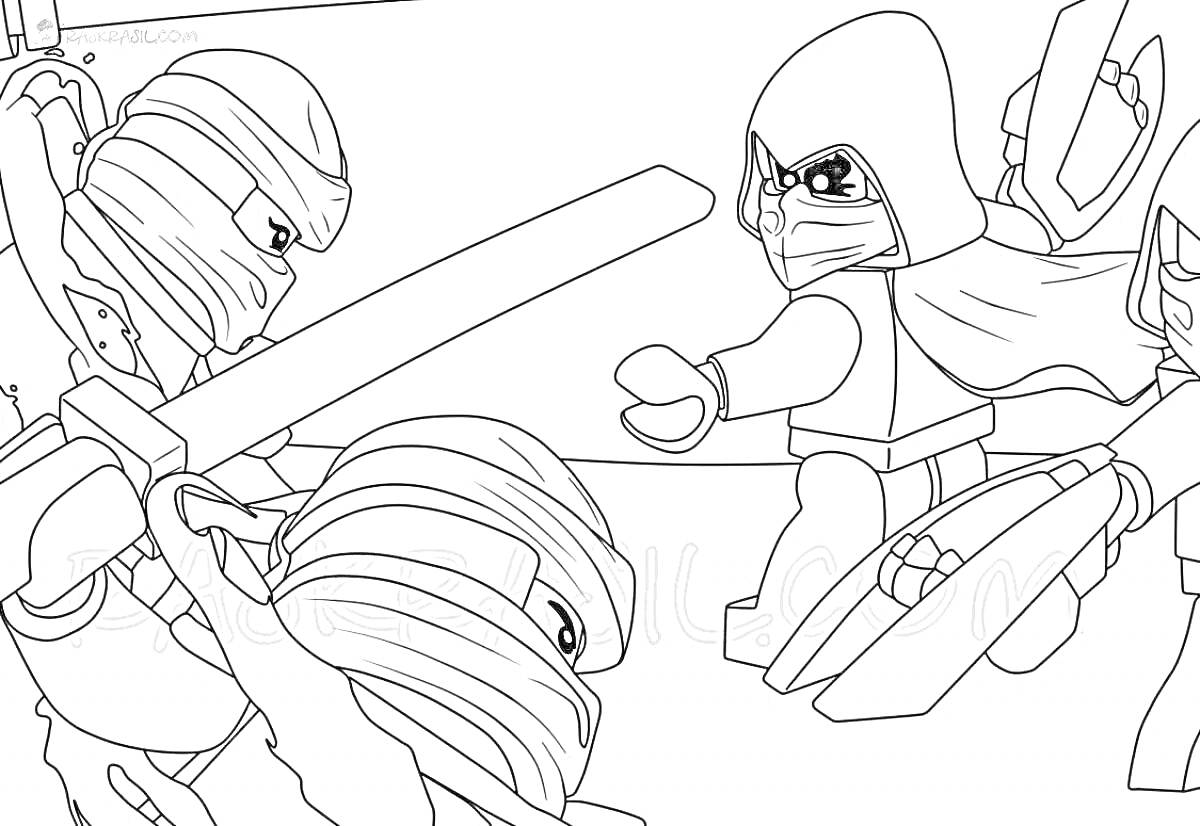 Раскраска Лего Ниндзяго бой ниндзя с мечами, 13 сезон