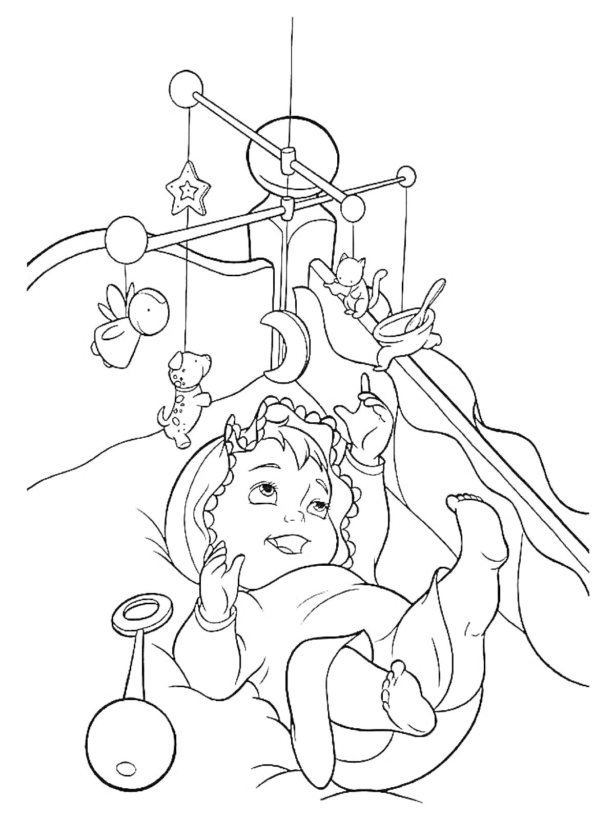 Раскраска Младенец лежит в кроватке с мобильной игрушкой, погремушкой и ложкой