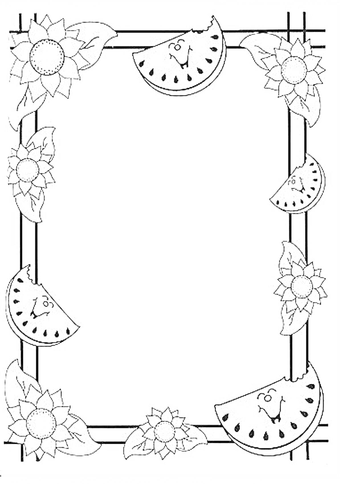 На раскраске изображено: Подсолнухи, Цветы, Арбуз, Дольки арбуза, Для детей