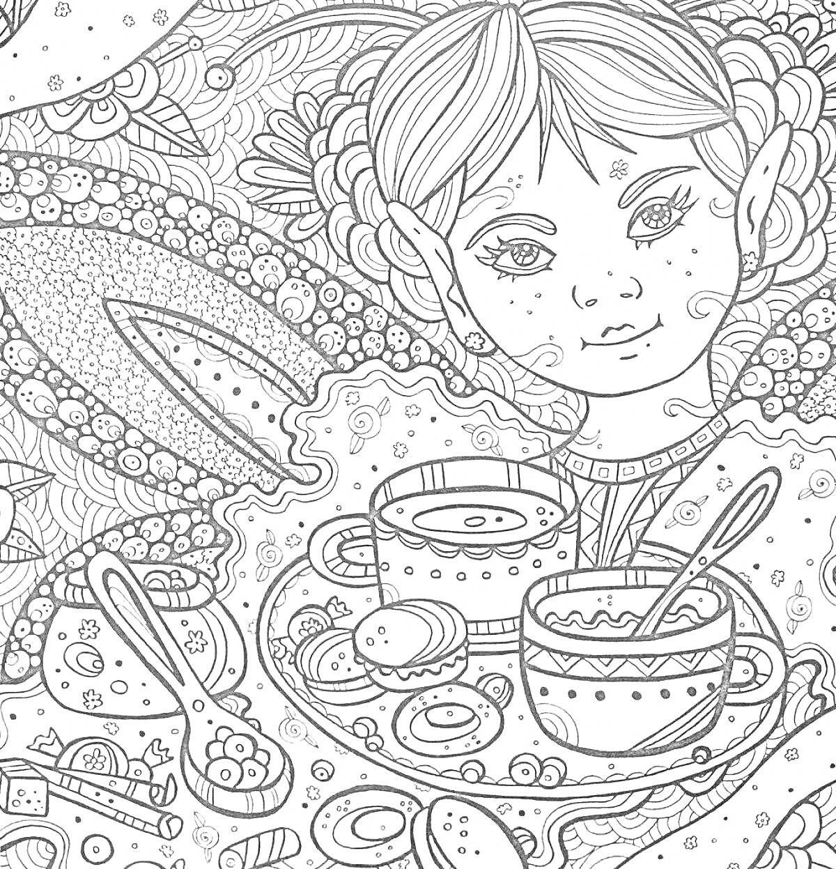 Раскраска Девочка-эльф с чашками чая и ложками в узорчатом фоне