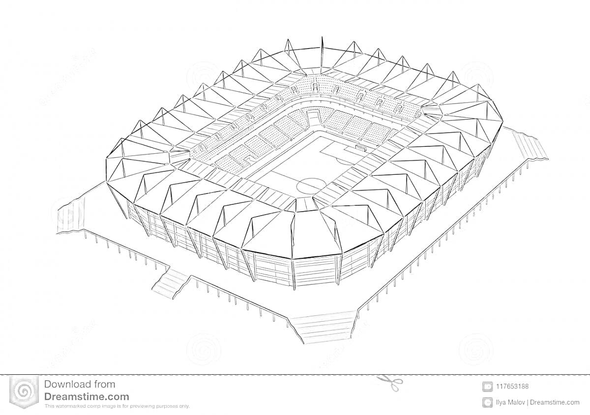На раскраске изображено: Стадион, Трибуны, Крыша, Спорт, Архитектура, Схема, Арена, Футбол