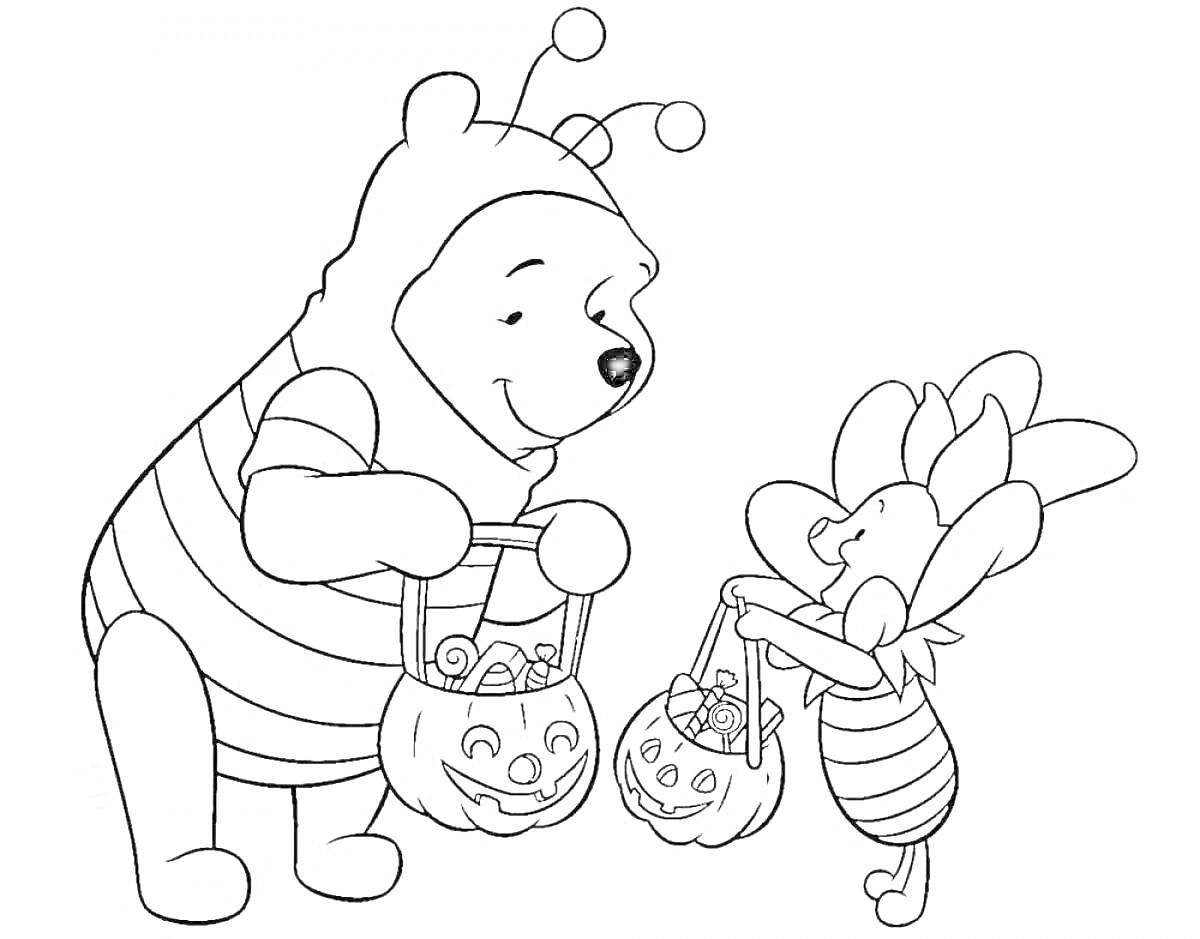РаскраскаВинни-Пух и Пятачок на Хэллоуин с тыквенными корзинками