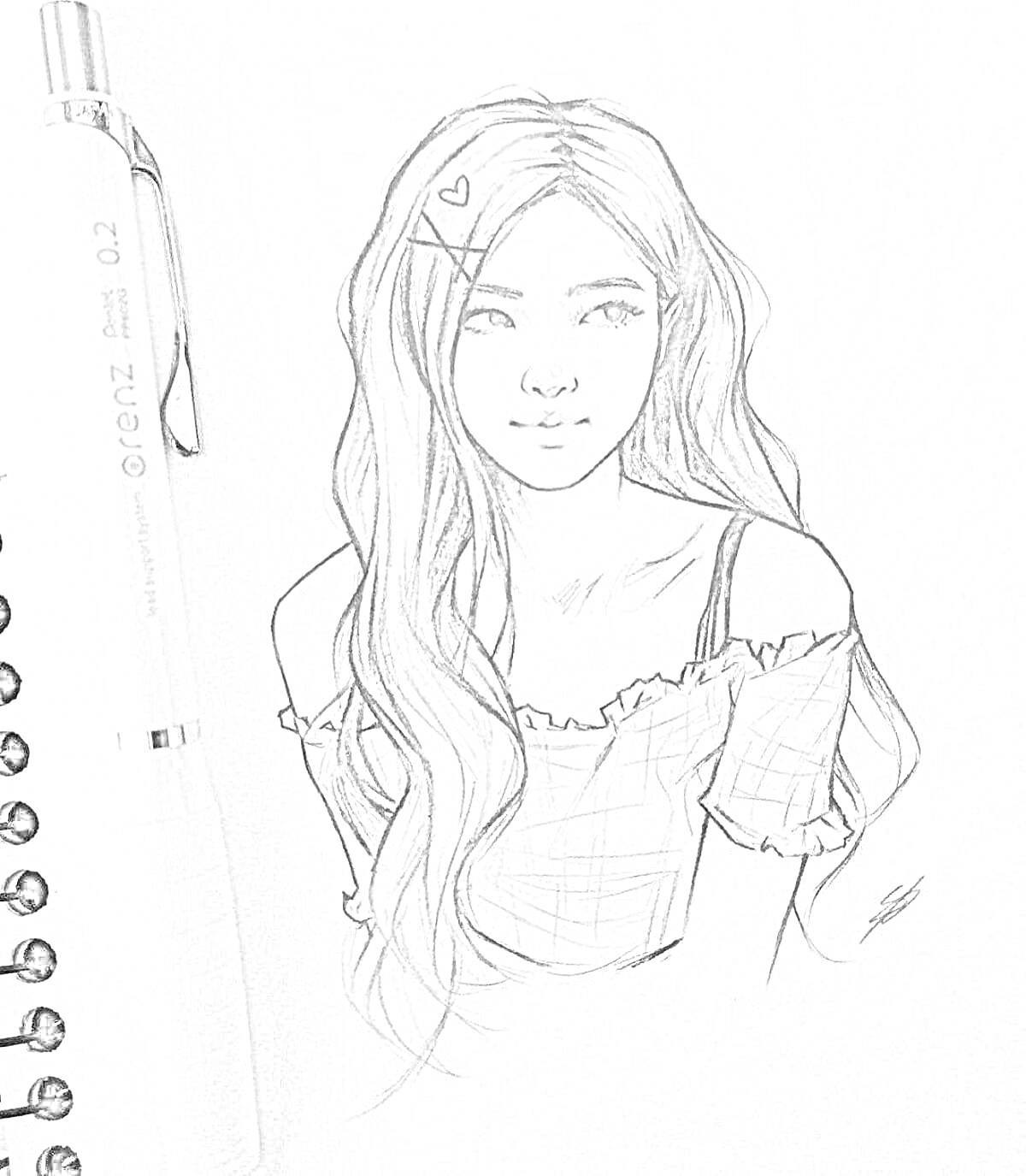 Раскраска Рисунок девушки с длинными волосами и сердцем на волосах в клетчатой кофте на пружинном блокноте с ручкой