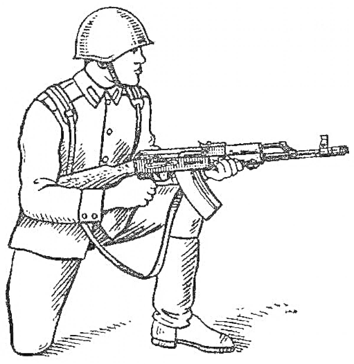 Раскраска Солдат с автоматом, свернувшийся на одно колено, в каске и форме