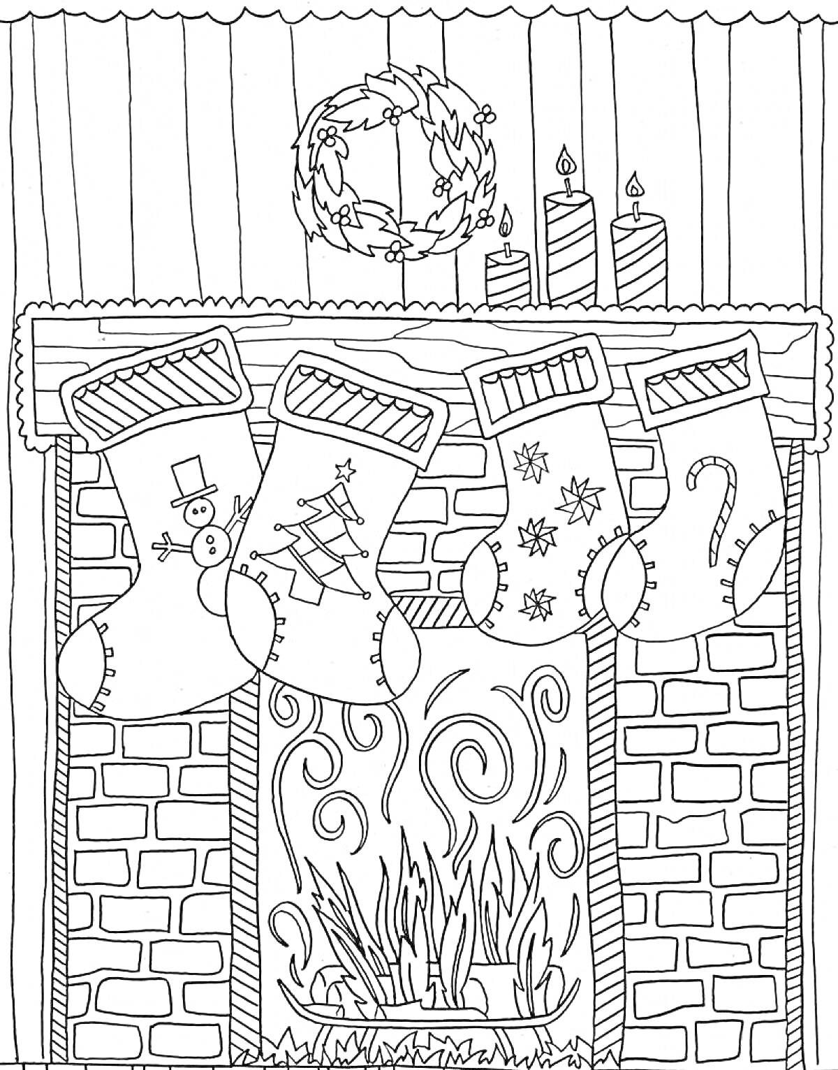 Новогодний камин с носками, свечами, венком и огнём