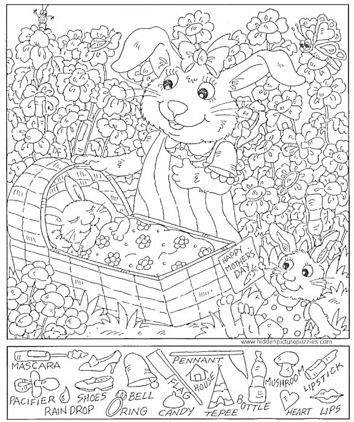 На раскраске изображено: Сад, Цветы, Кролик