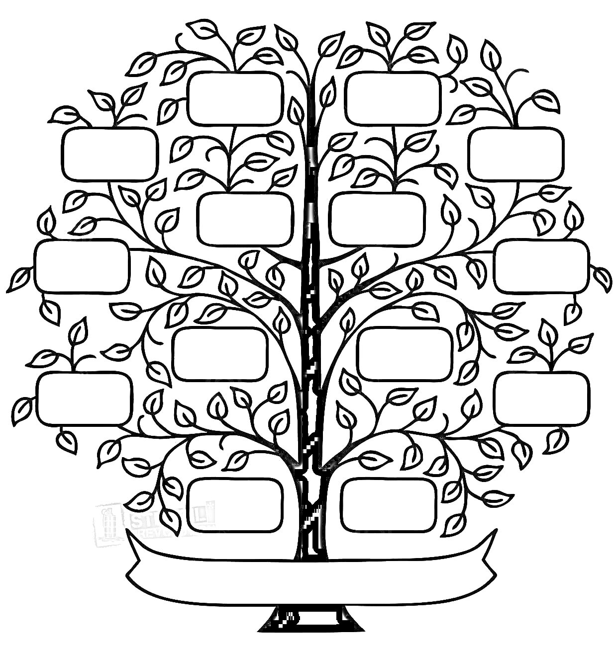 Раскраска Генеалогическое древо семьи с 14 пустыми ячейками для имен и лентой внизу