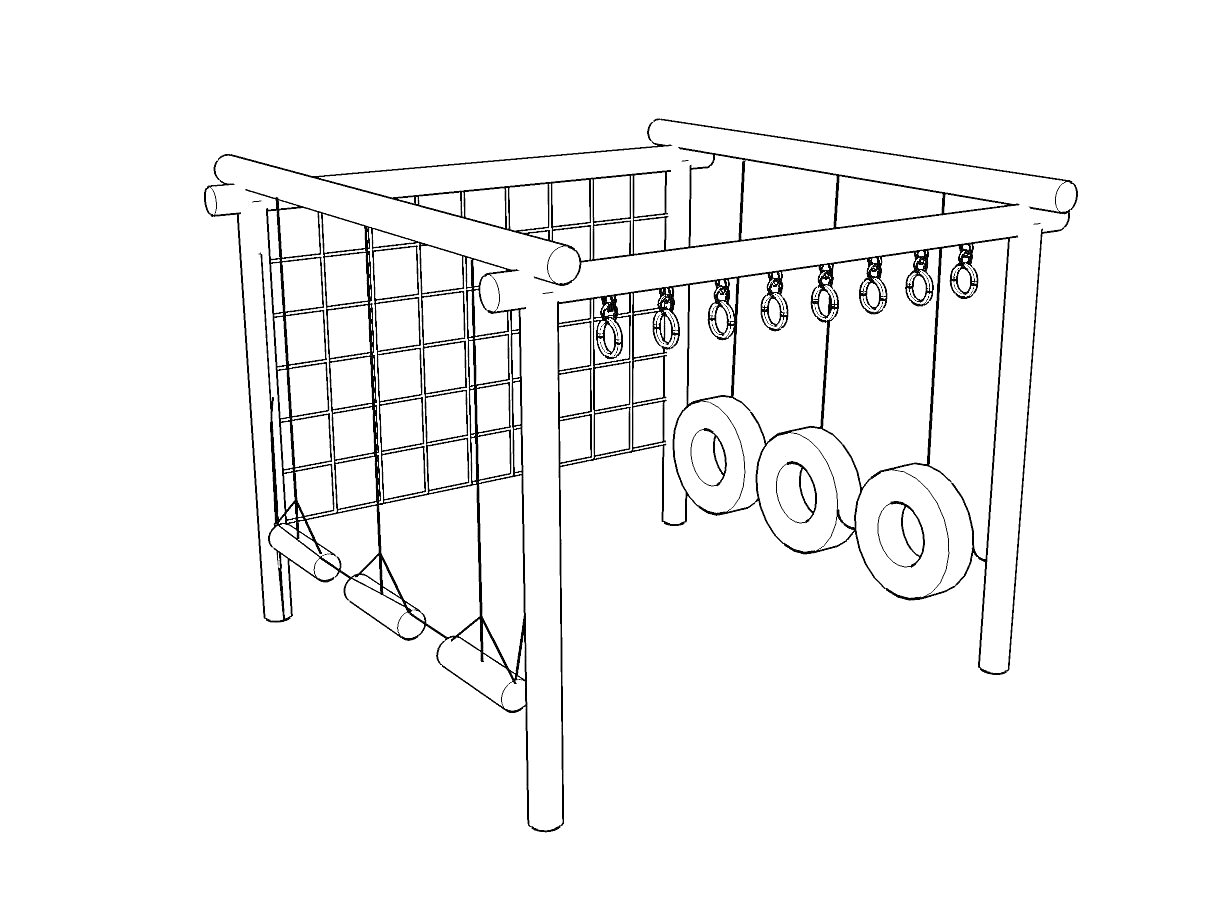 Раскраска Детская площадка с сеткой для лазания, кольцевыми качелями и канатной лестницей