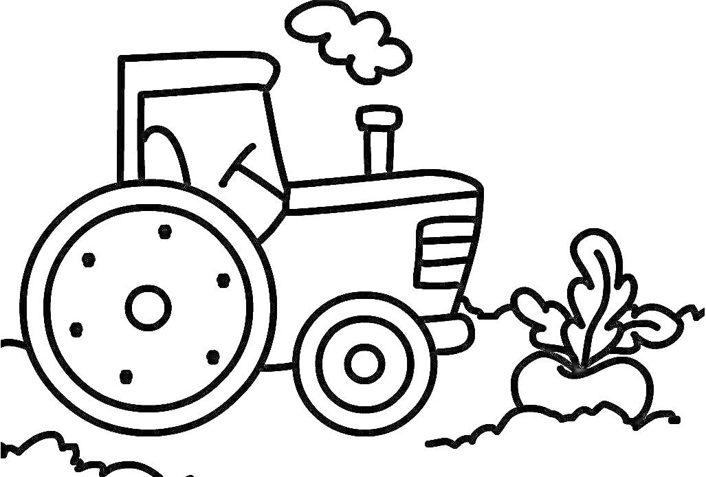 Раскраска Трактор в поле с растением и клубом дыма