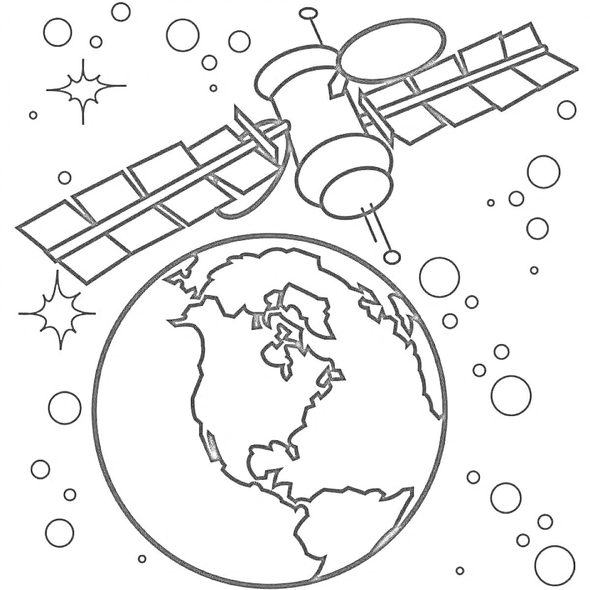 Раскраска Спутник над Землей в космосе с звездами и планетами