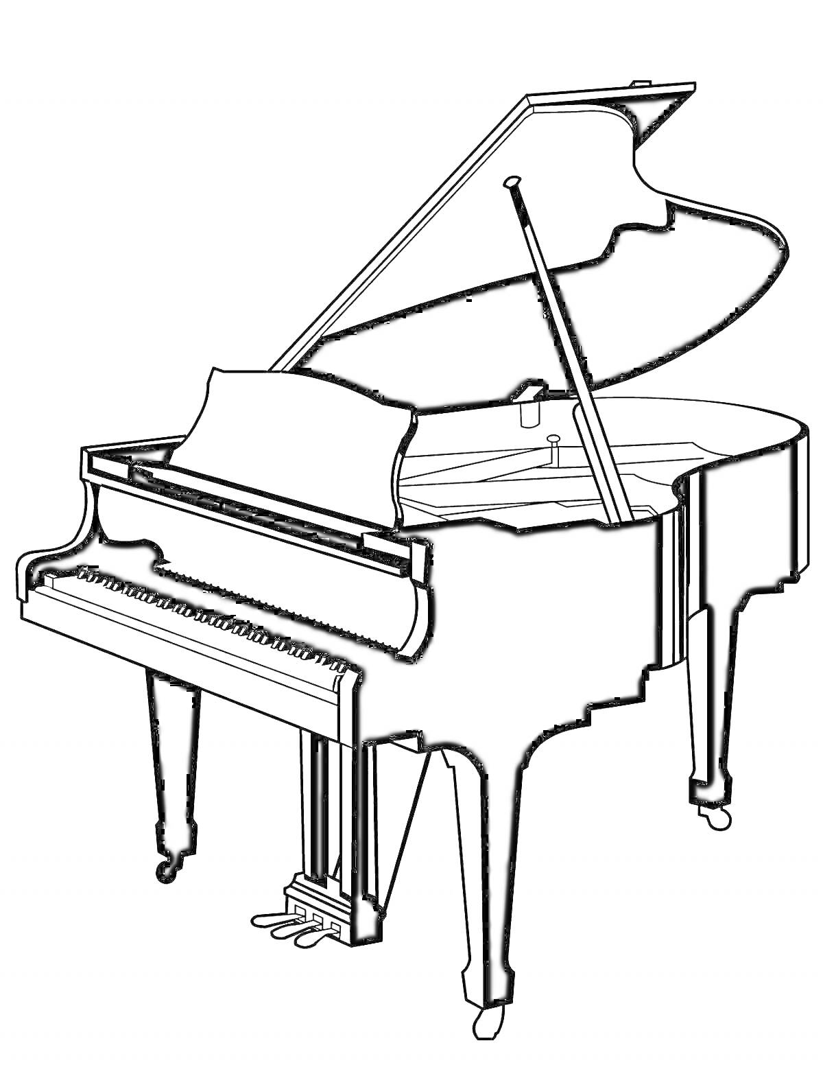На раскраске изображено: Рояль, Клавиши, Классическая музыка, Музыка, Открытая крышка, Музыкальные инструменты