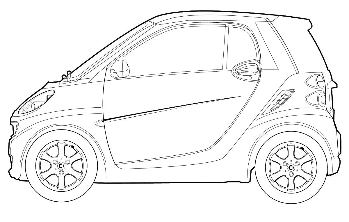 Раскраска Эскиз смарт-кара, вид сбоку, с детализированными элементами кузова, колес и дверей