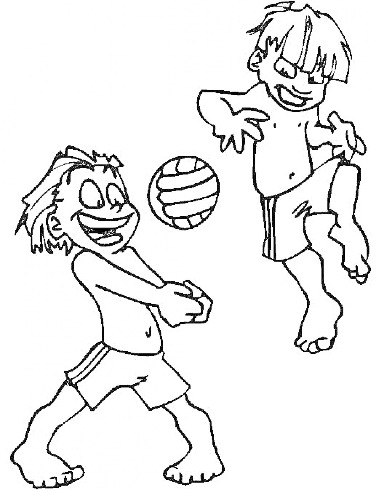 Раскраска Два мальчика играют в волейбол