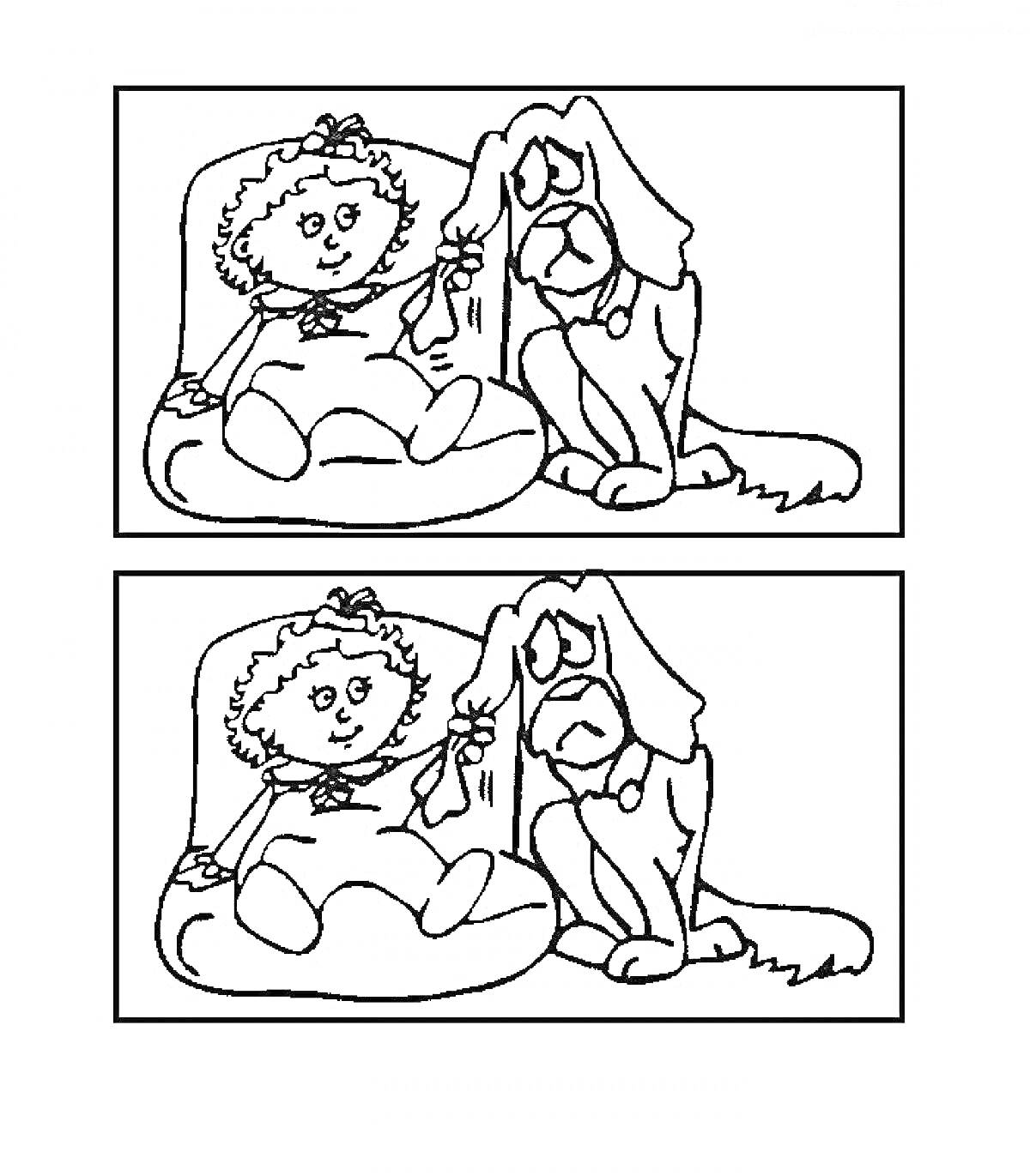 Раскраска Раскраска - Найди отличия: девочка на подушке с бантом в волосах, плюшевый щенок с длинными ушами