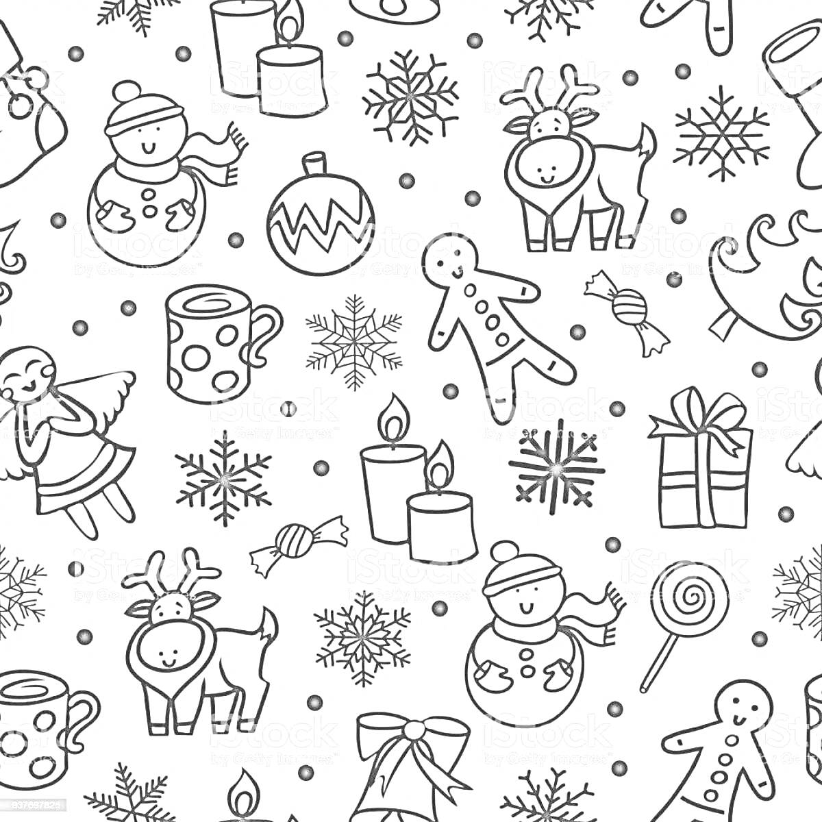 Раскраска Новогодний узор с оленьями, пряничными человечками, снежинками, снеговиками, подарками, елками, свечами, ангелами, кружками, леденцами, конфетами и новогодними шарами