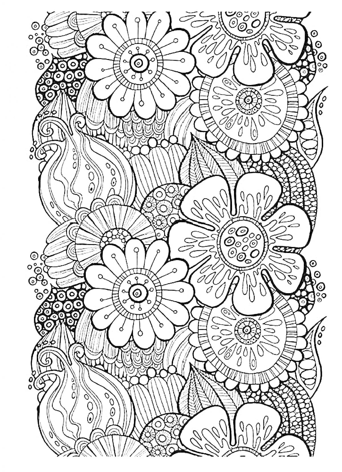 Раскраска Антистресс раскраска с крупными цветами, листьями и абстрактными узорами