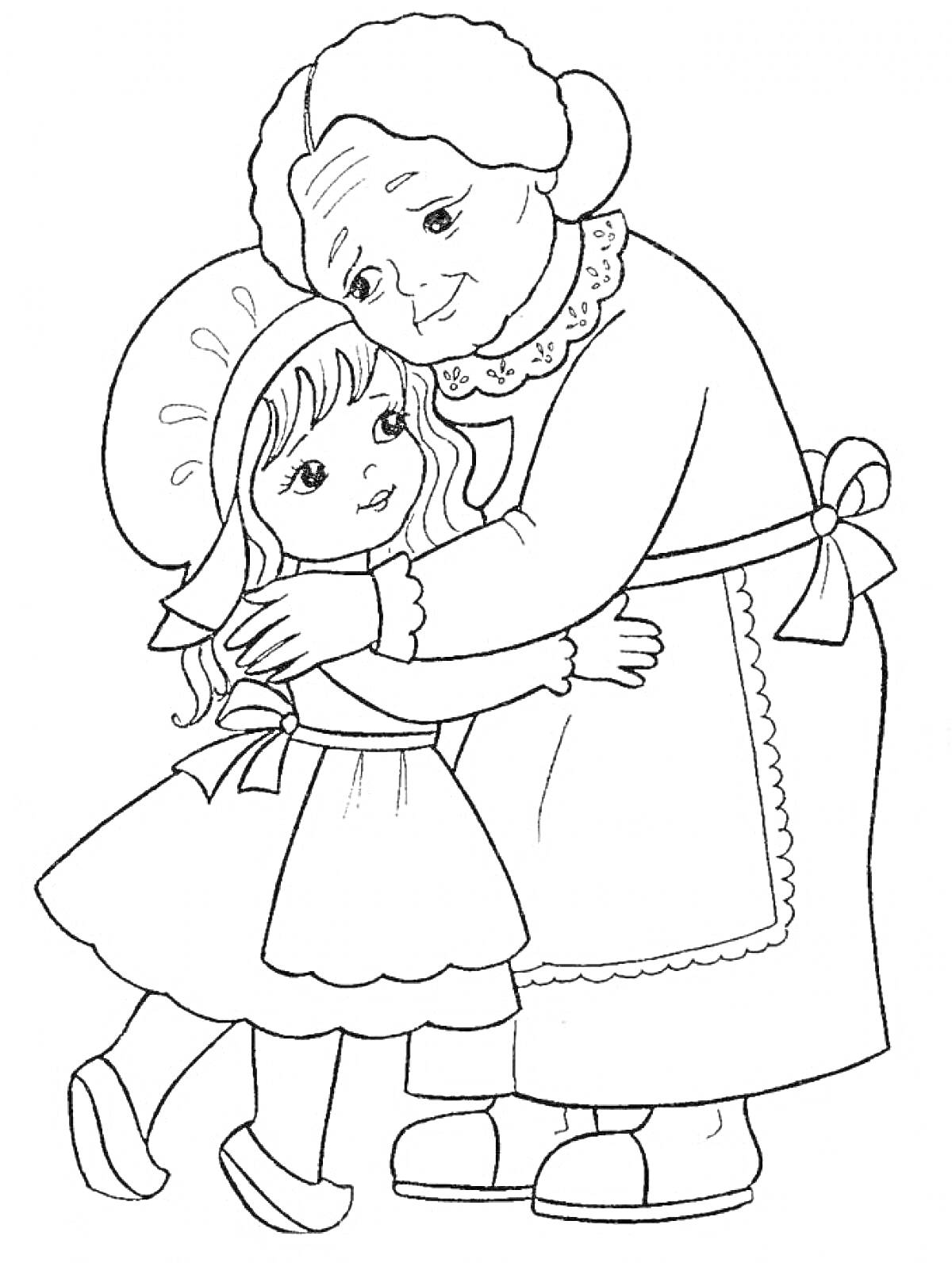 Раскраска Бабушка обнимает маленькую девочку