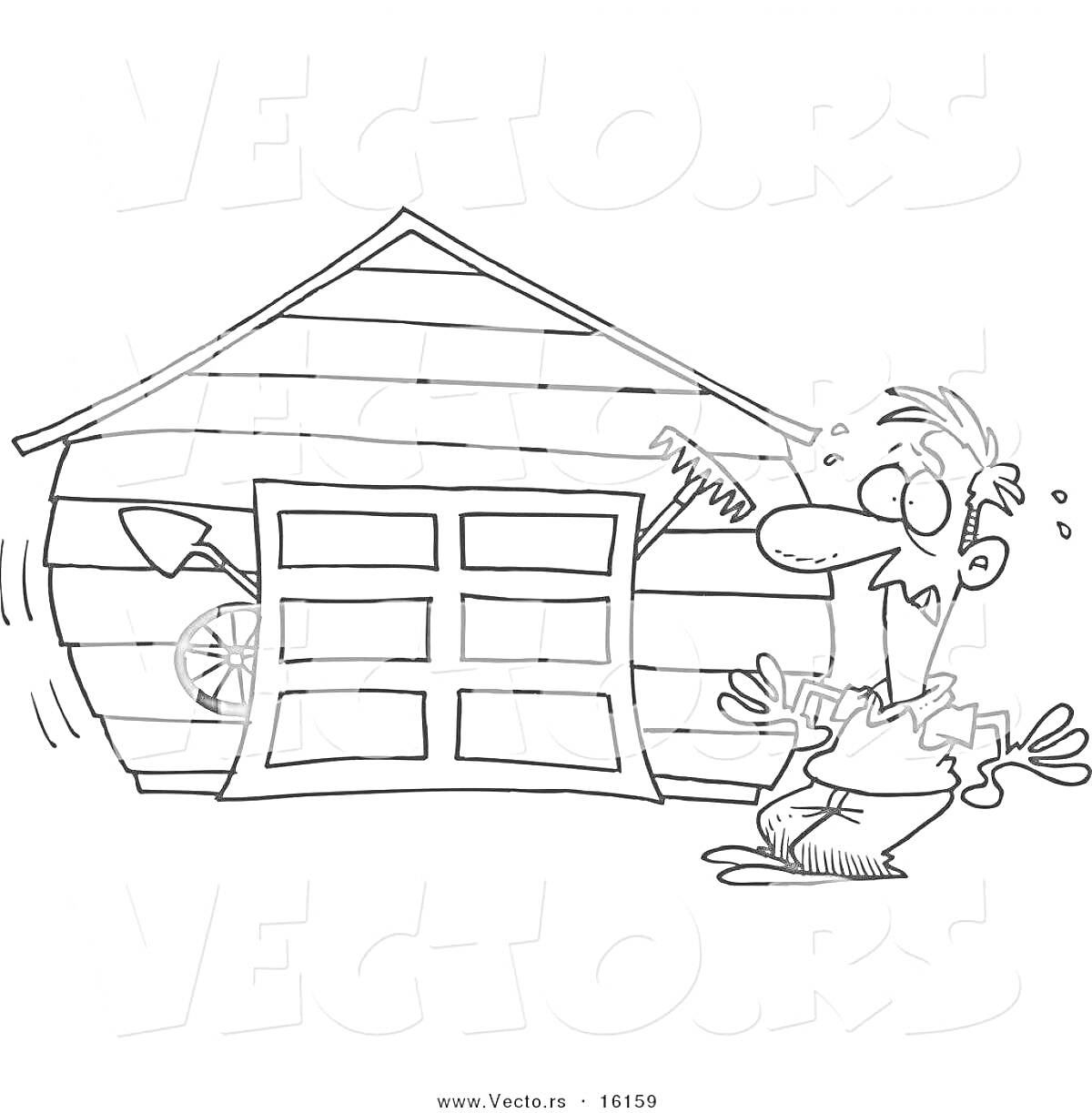 На раскраске изображено: Гараж, Велосипед, Лопата, Пила, Человек, Испуг