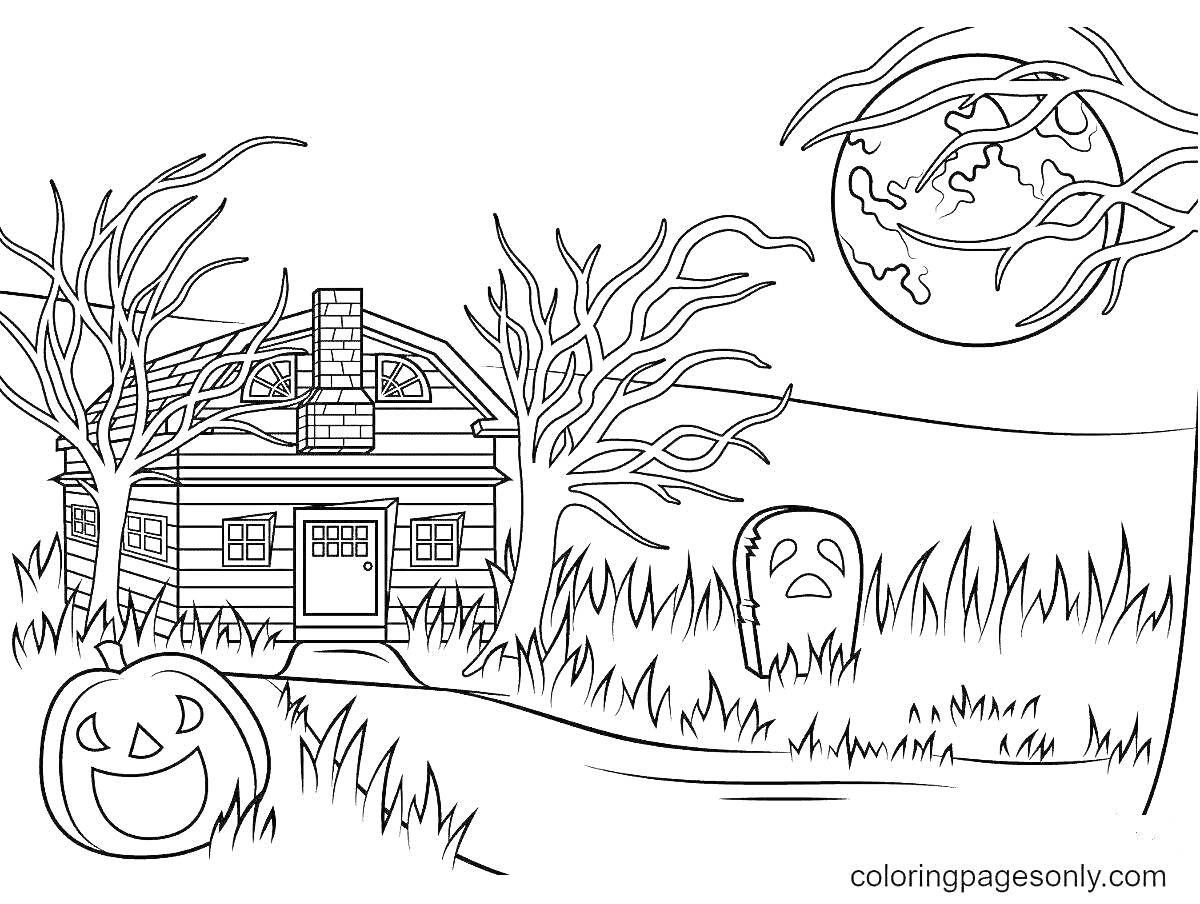 На раскраске изображено: Заброшенный дом, Деревья, Луна, Облака, Трава, Хэллоуин, Мистический