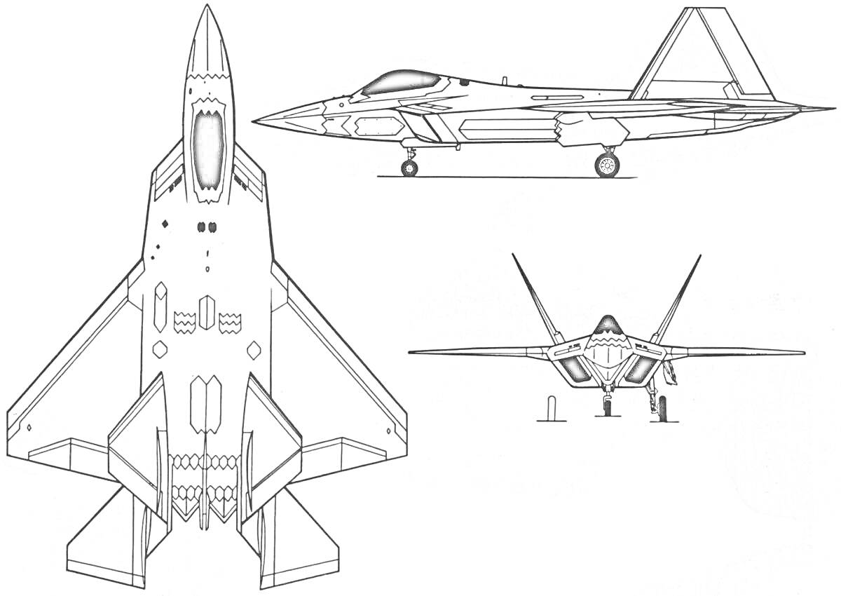 Раскраска Истребитель, вид сверху, сбоку и спереди