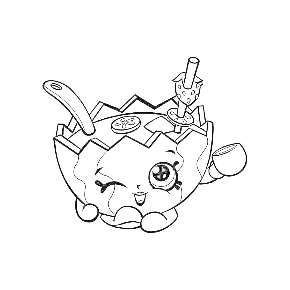 Раскраска Шопкинс яблоко-чаша с трубочкой, половинка клубники на палочке, ложка и лимонный кружок