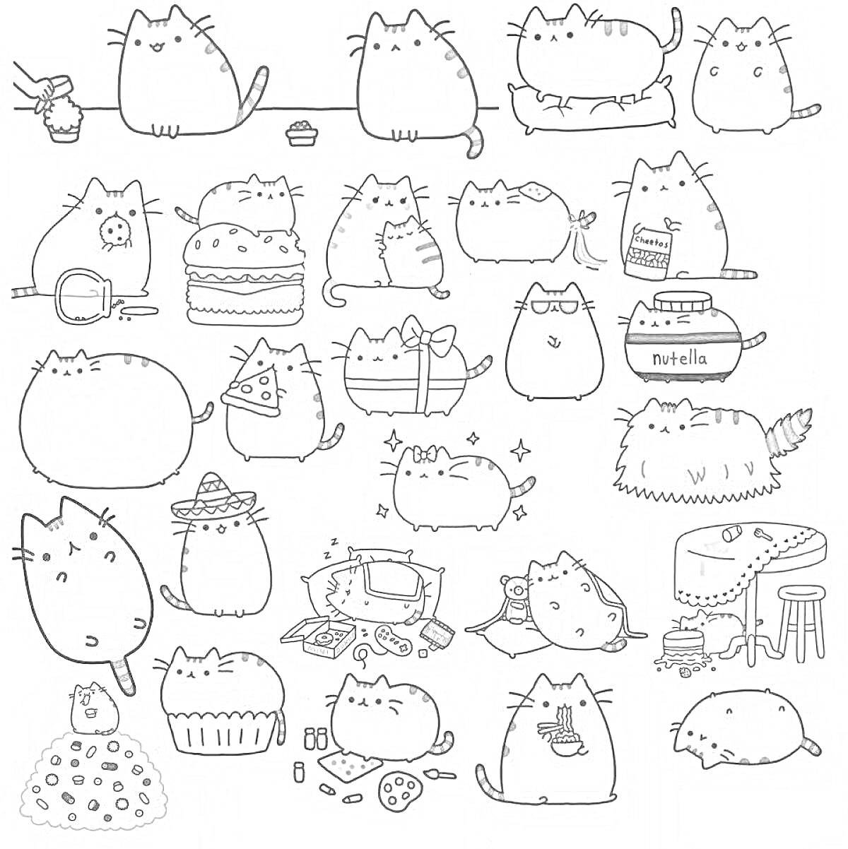 Кошки Пушины в различных ситуациях - кошка ловит рыбу, кошка с пончиком, кошка с гамбургером, беременная кошка, кошки на подушках, кошка с очками и книгой, кошка с Nutella, кошка и мухомор, кошка с пиццей, кошка с бантиком, кошка с мечом, кошка с зеленой 