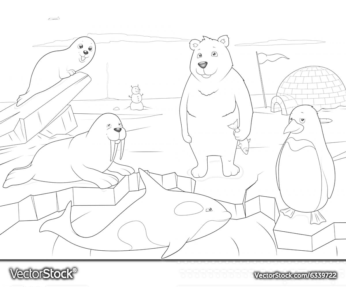 На раскраске изображено: Морж, Тюлень, Иглу, Флаг, Лед, Антарктида, Животные, Арктика, Полярные медведи