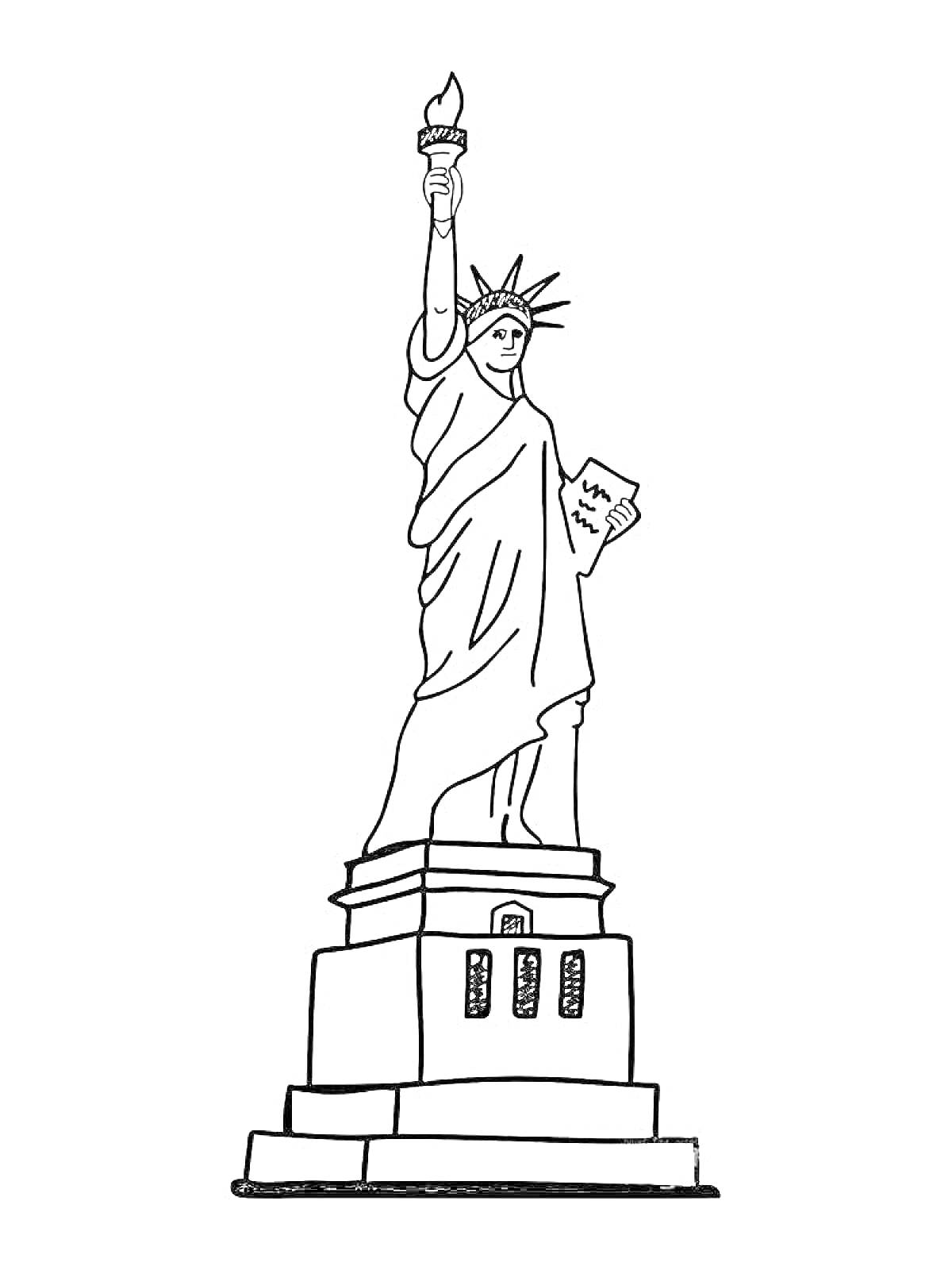 На раскраске изображено: Статуя Свободы, Факел, Постамент, Табличка, Нью-Йорк, США, Архитектура, Статуя